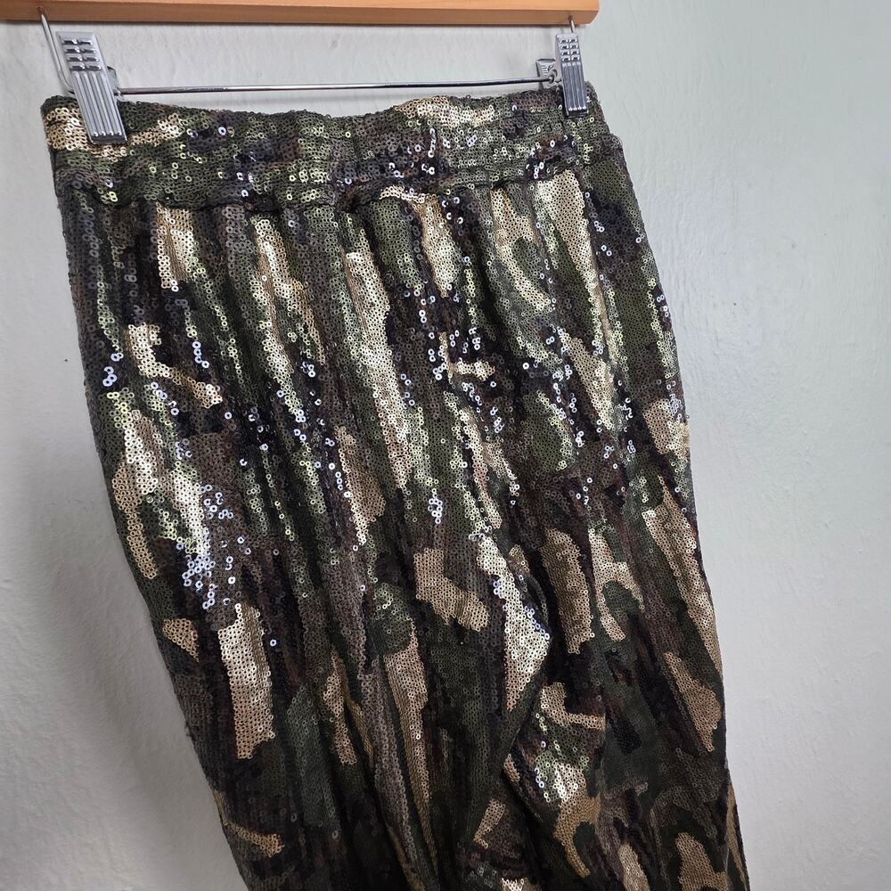 Anthropologie Green Camo Sequin Jogger Pants XS Sparkly Statement Trousers NYE - Picture 12 of 13